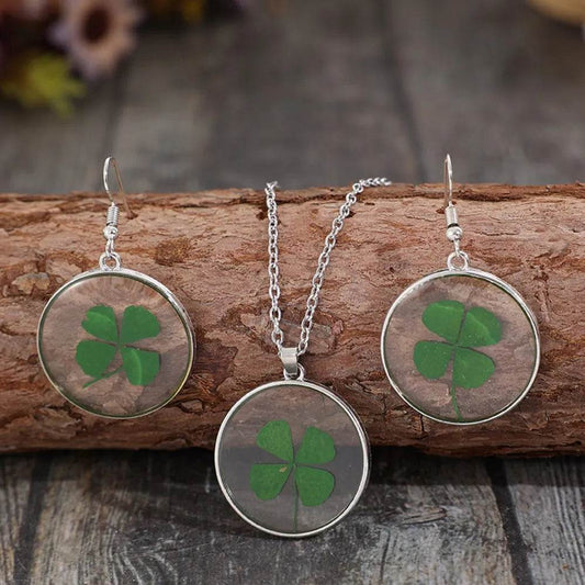 Lucky Clover Alloy Acrylic Earrings and Necklace Jewelry Set - Tredona LLC
