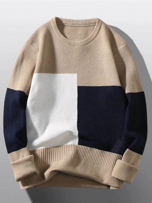 Men's Plus Size Color Block Round Neck Sweater - Tredona LLC