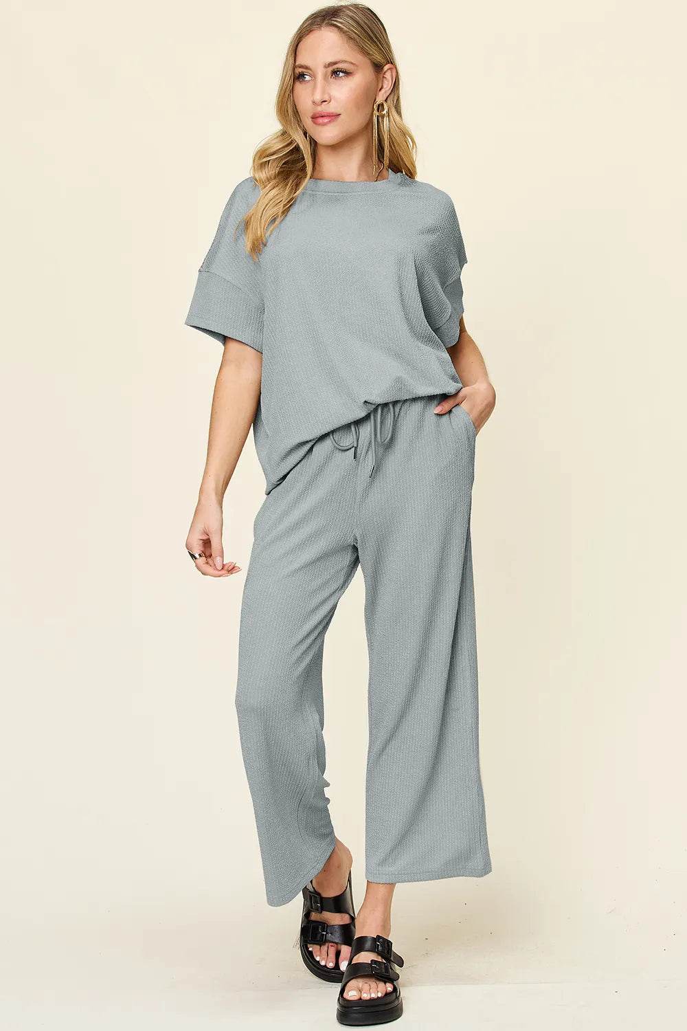 Double Take Full Size Texture Round Neck Short Sleeve T-Shirt and Wide Leg Pants - Tredona LLC