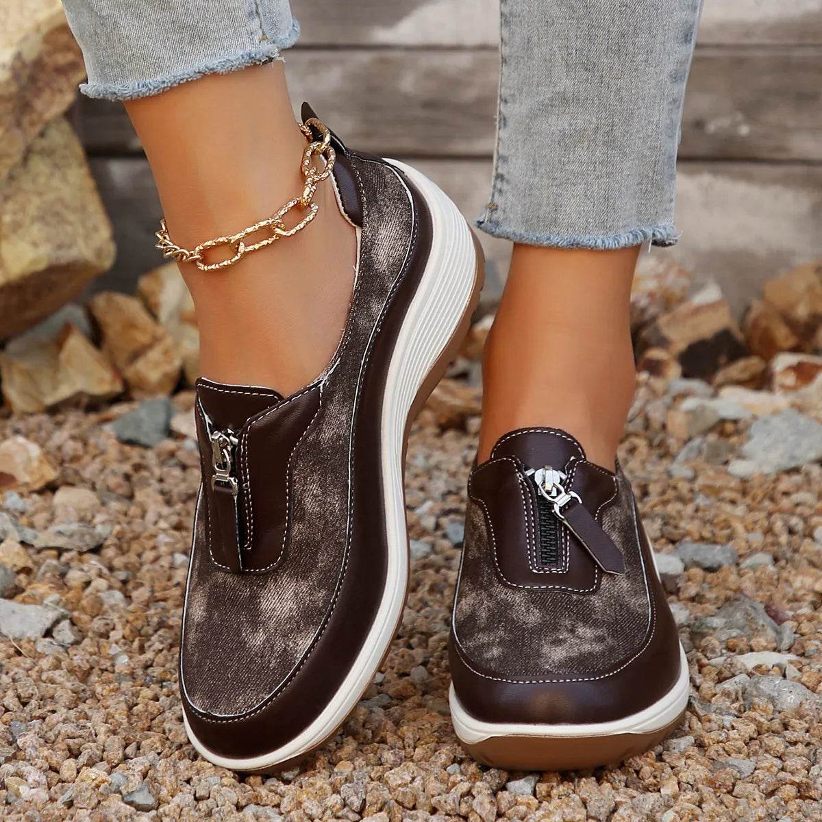 Round Toe Platform Wedge Sneakers with Zip - Tredona LLC