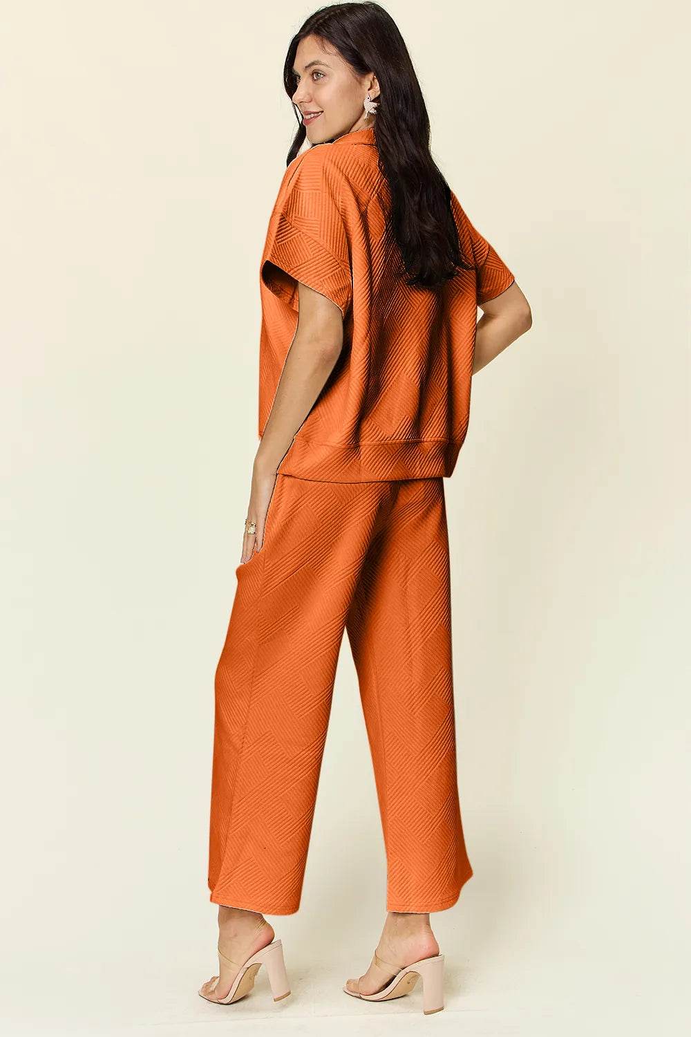 Double Take Full Size Texture Half Zip Short Sleeve Top and Pants Set - Tredona LLC