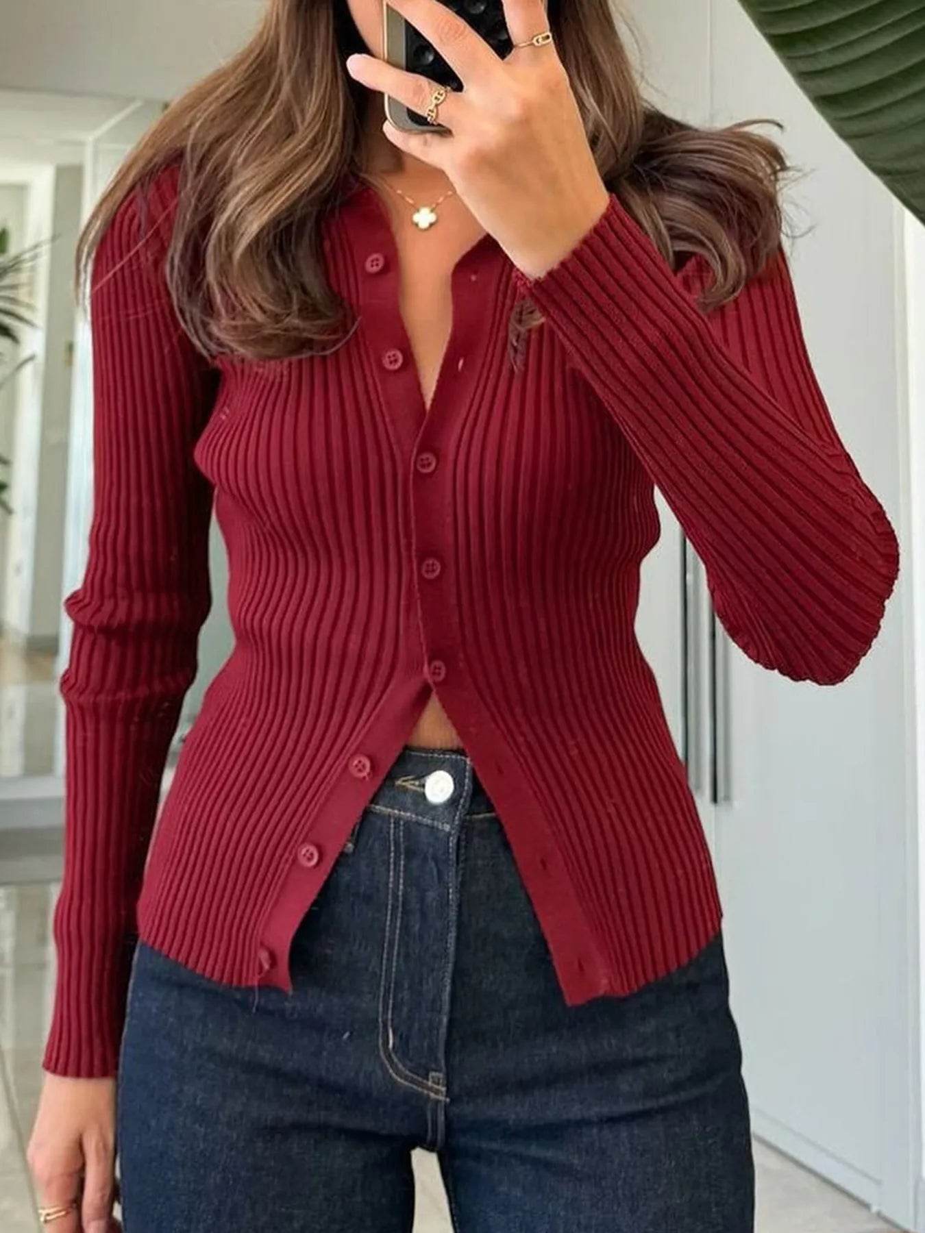Ribbed Button-Front Long Sleeve Cardigan - Tredona LLC