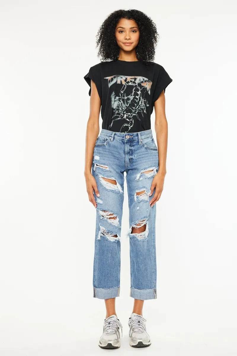 Kancan Mid Rise Distressed Boyfriend Fit Jeans - Tredona LLC