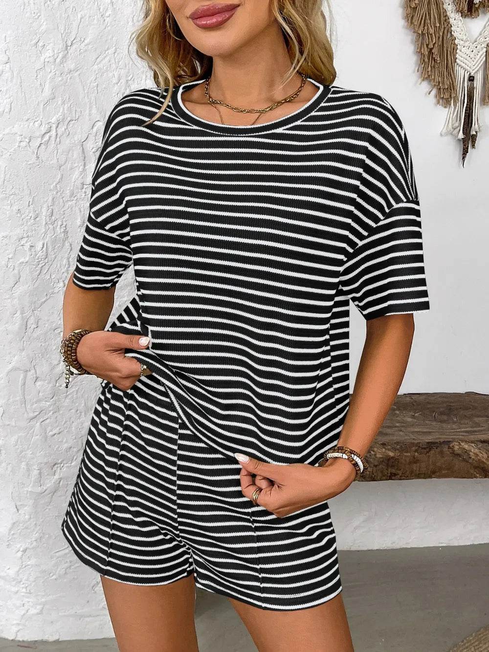 Striped Round Neck Short Sleeve Top and Shorts Set - Tredona LLC