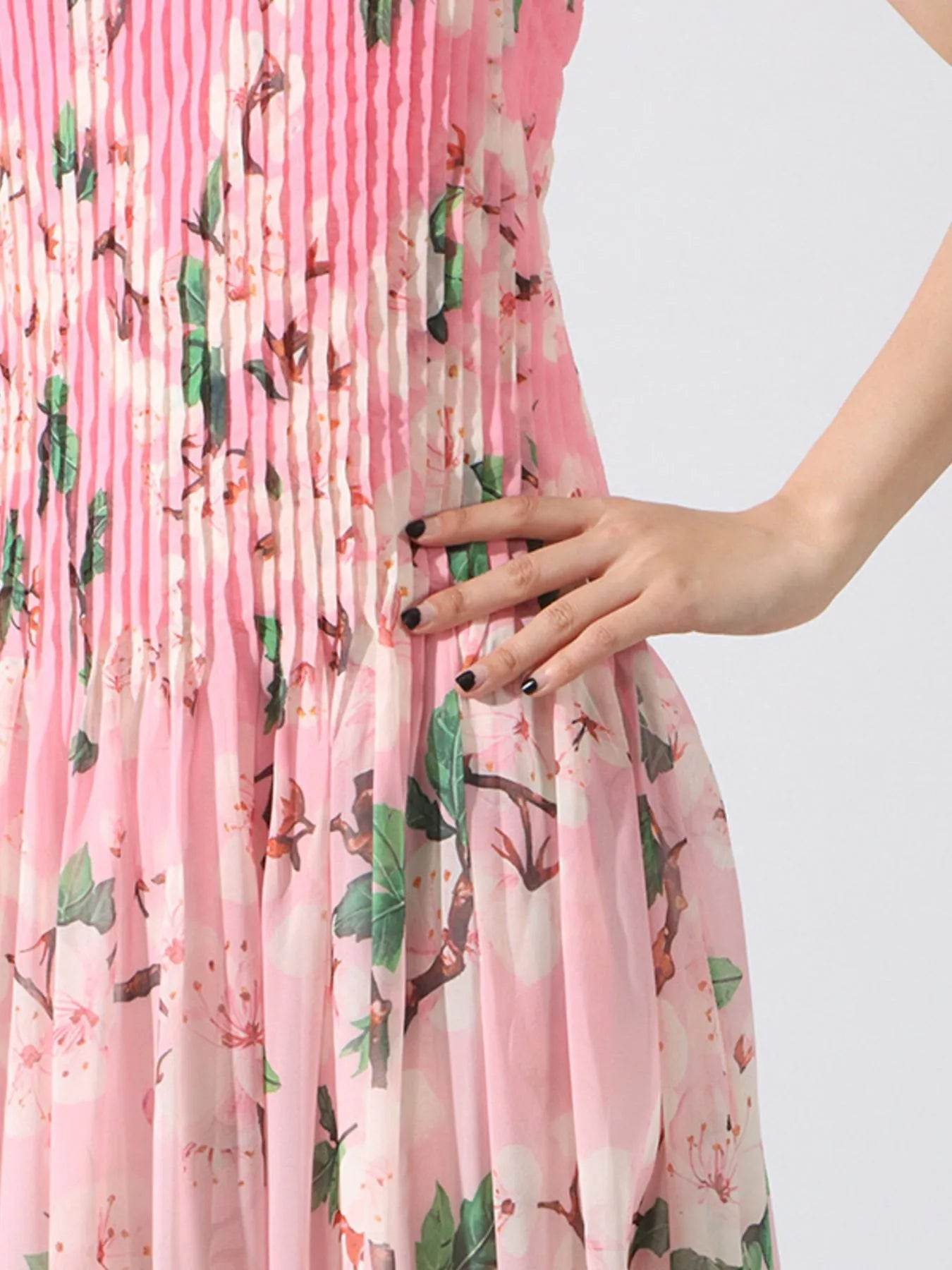 Floral Print Pleated Maxi Dress - Tredona LLC