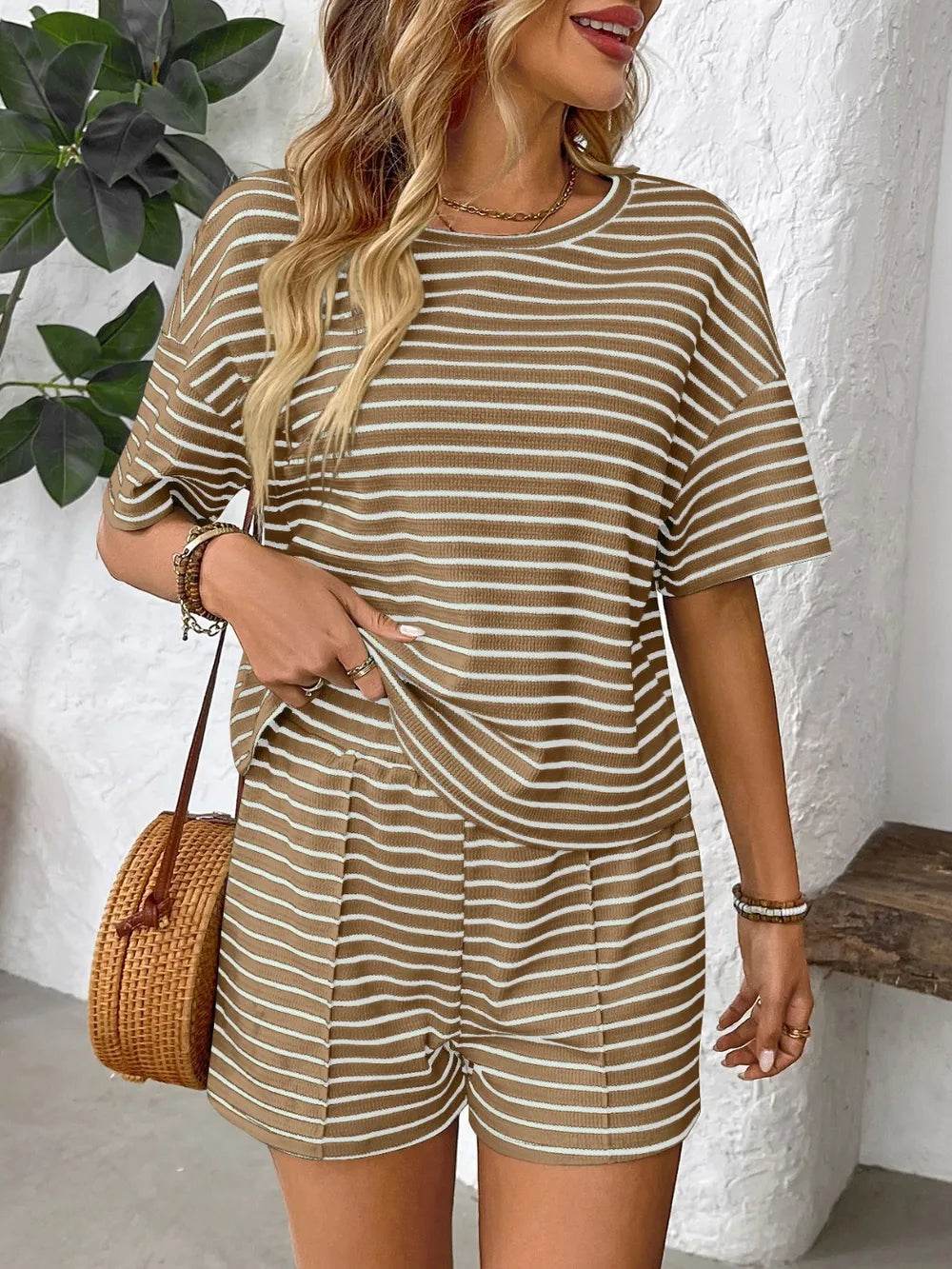 Striped Round Neck Short Sleeve Top and Shorts Set - Tredona LLC