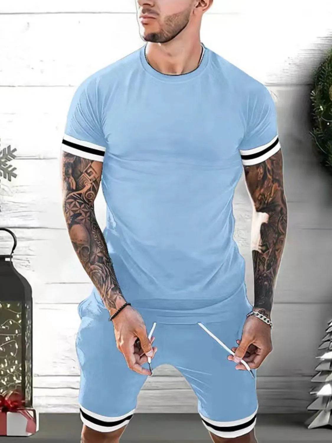 Men's Plus Size Round Neck Short Sleeve Top and Shorts Set - Tredona LLC