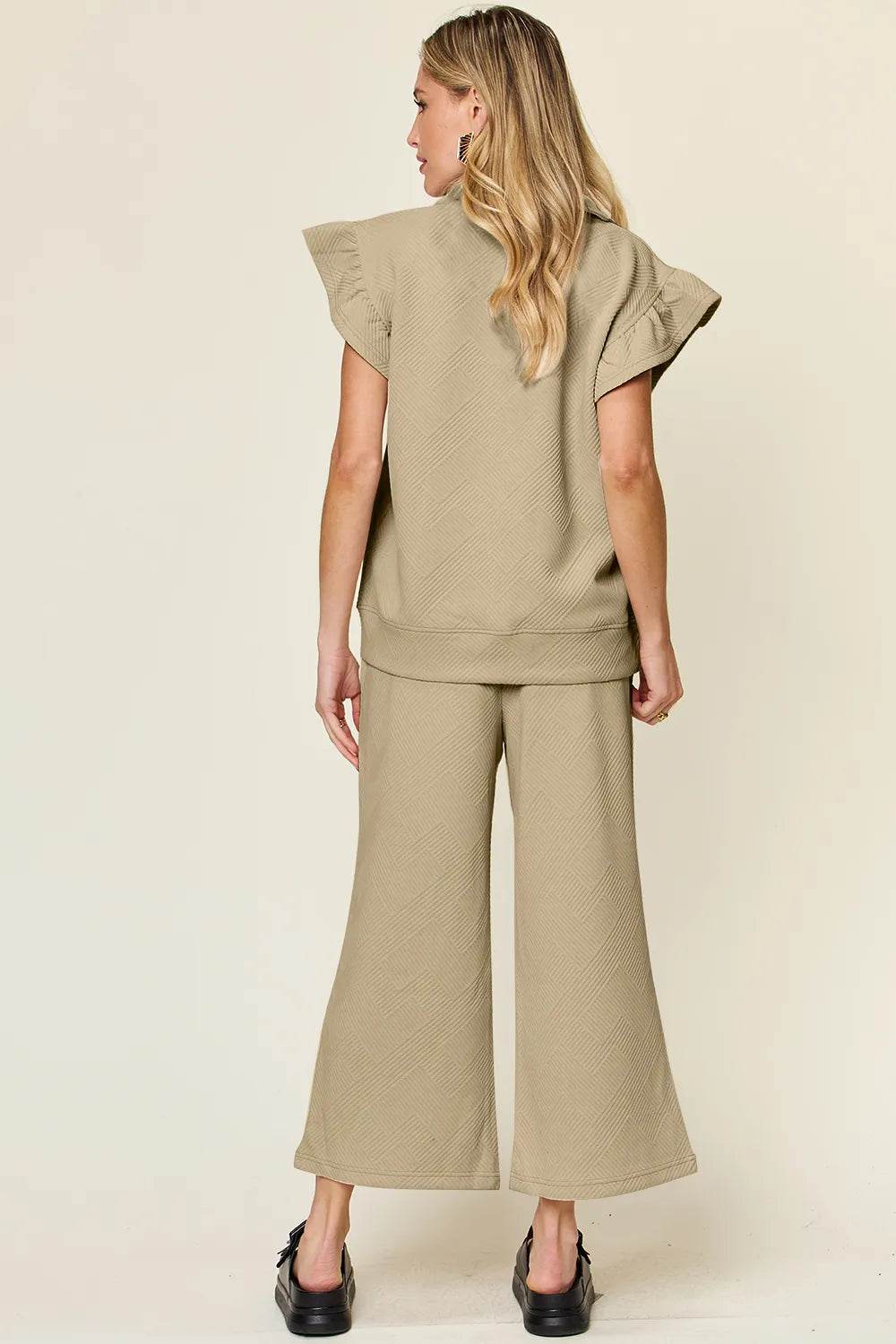 Double Take Texture Ruffle Short Sleeve Top and Drawstring Wide Leg Pants Set - Tredona LLC