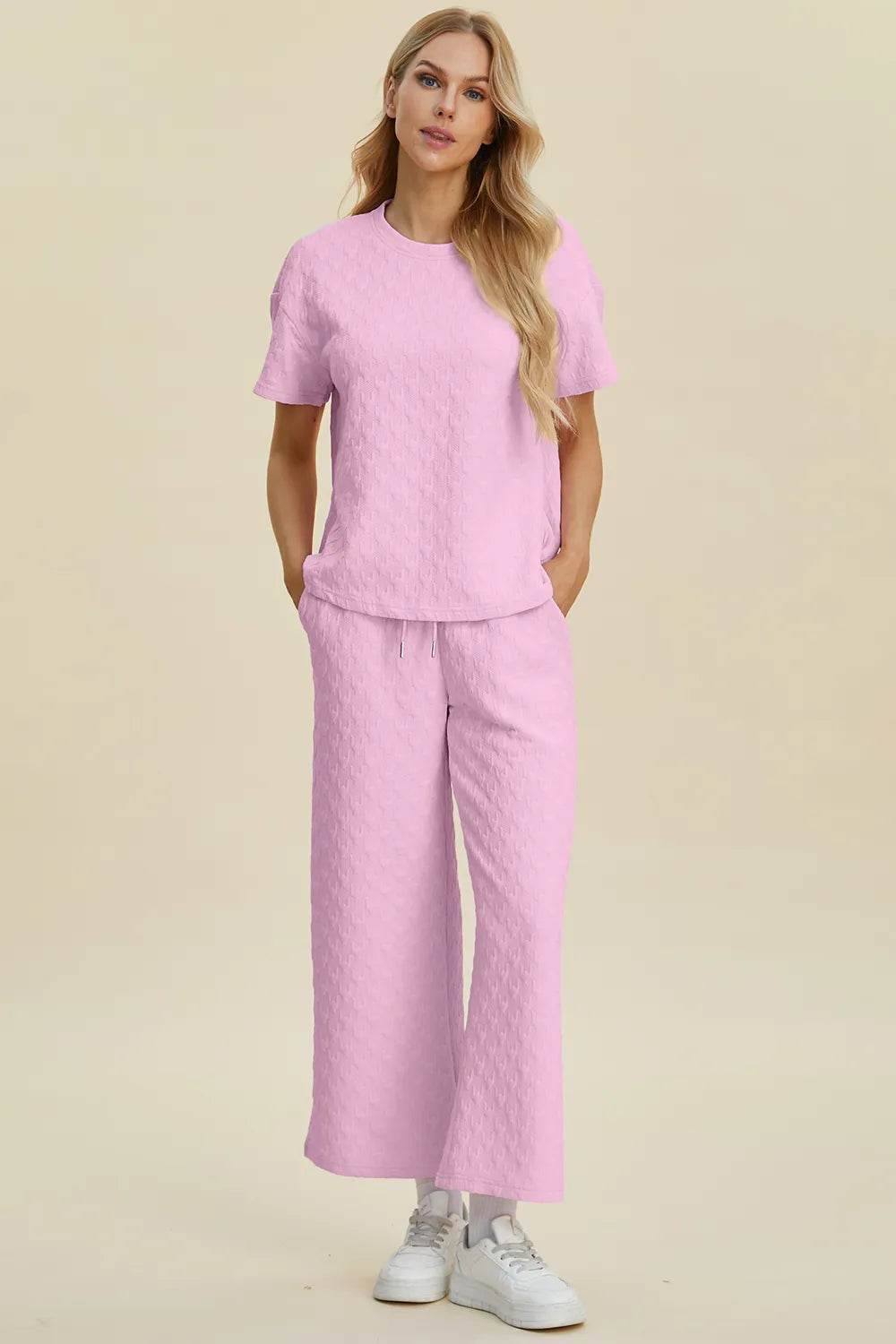 Double Take Full Size Texture Round Neck Short Sleeve Top and Pants Set - Tredona LLC