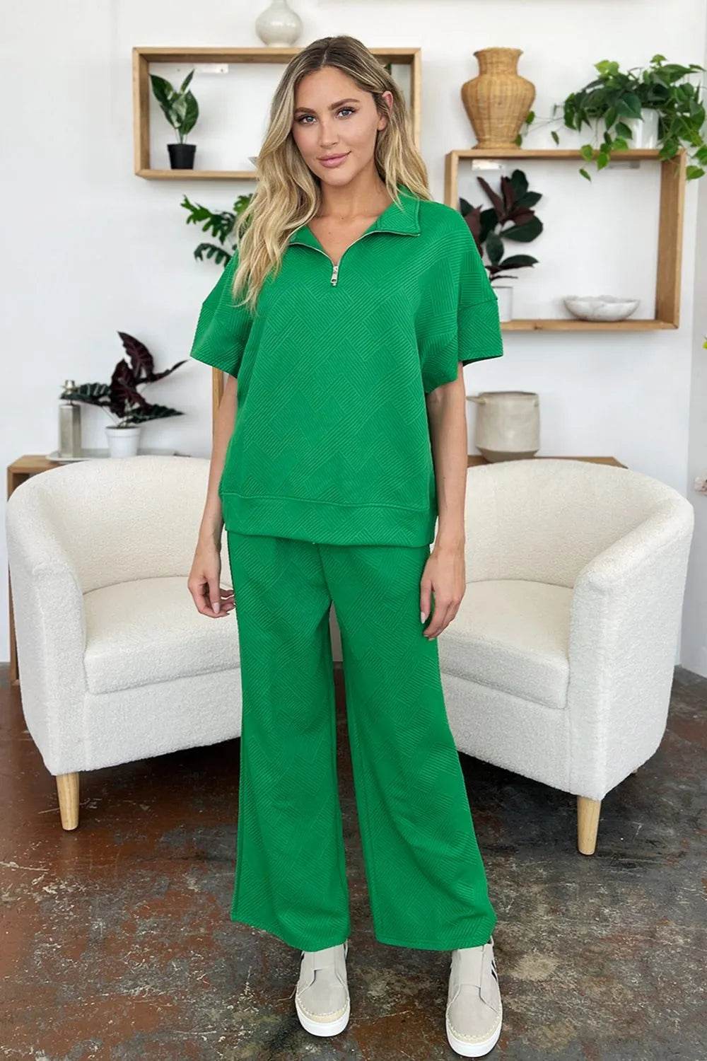 Double Take Full Size Texture Half Zip Short Sleeve Top and Pants Set - Tredona LLC