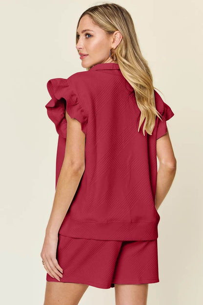 Double Take Full Size Texture Flounce Sleeve Top and Drawstring Shorts Set - Tredona LLC