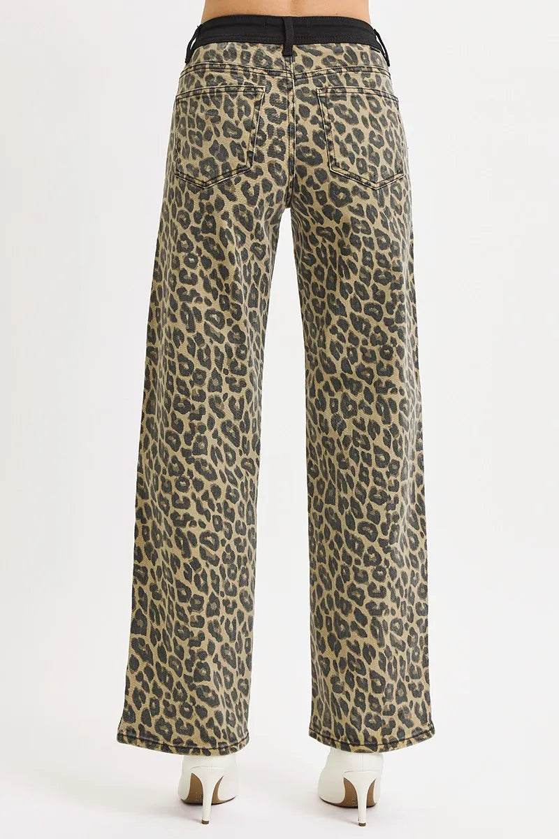 RISEN High Rise Wide Leg Leopard Printed Jeans with Contrast Waist Band Detail - Tredona LLC