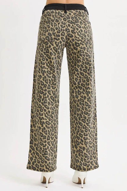 RISEN High Rise Wide Leg Leopard Printed Jeans with Contrast Waist Band Detail - Tredona LLC