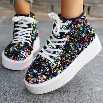Sequin Round Toe Platform Sneakers - Tredona LLC