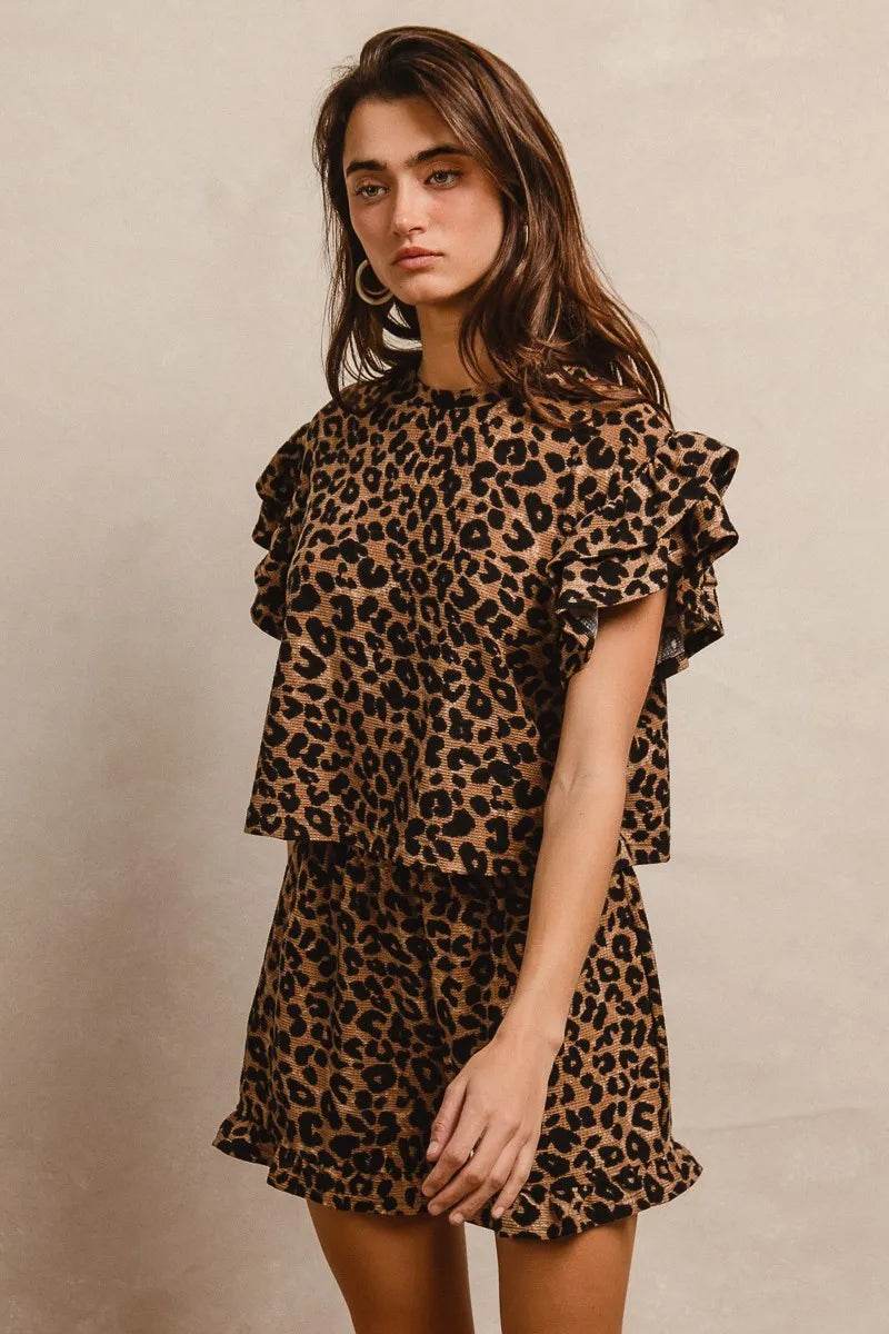 BiBi Leopard Print Waffle Texture Layered Ruffle Sleeve Top and Shorts Set - Tredona LLC