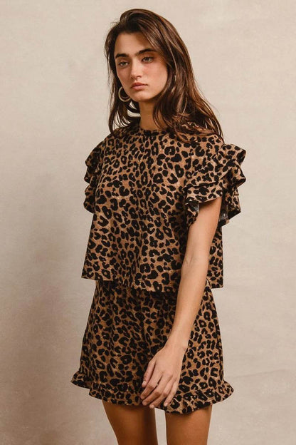 BiBi Leopard Print Waffle Texture Layered Ruffle Sleeve Top and Shorts Set - Tredona LLC