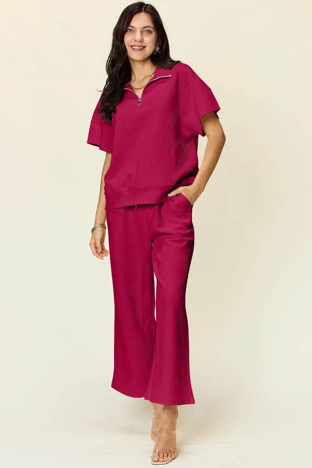 Double Take Full Size Texture Half Zip Short Sleeve Top and Pants Set - Tredona LLC