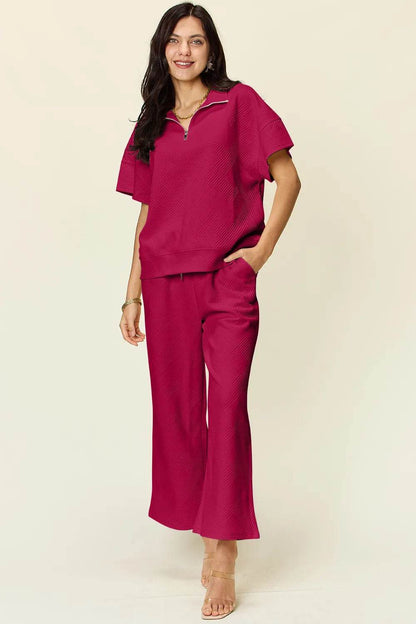 Double Take Full Size Texture Half Zip Short Sleeve Top and Pants Set - Tredona LLC
