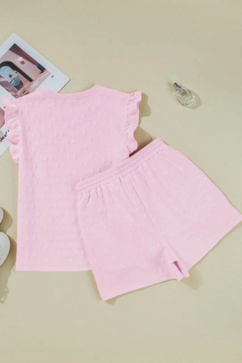 Bow Jacquard Ruffle Cap Sleeve Top and Shorts Set - Tredona LLC