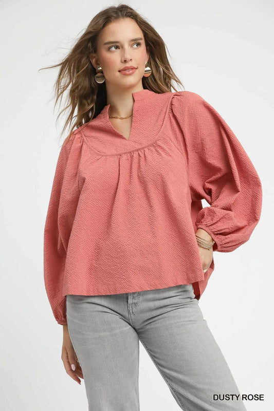 Umgee Textured Notched Blouse with Balloon Sleeves - Tredona LLC