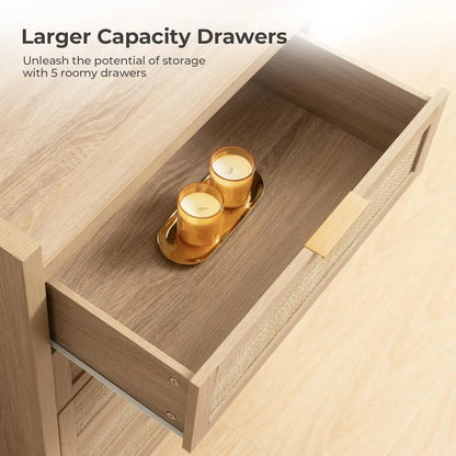 SICOTAS Dresser for Bedroom Chest of Drawers 46 Tall Dresser for Closet with 5 Rattan Drawers Boho Night Stand Large Clothes Sto