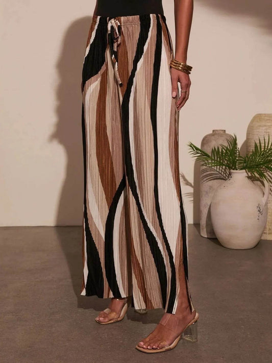 Drawstring Contrast Wide Leg Pants - Tredona LLC