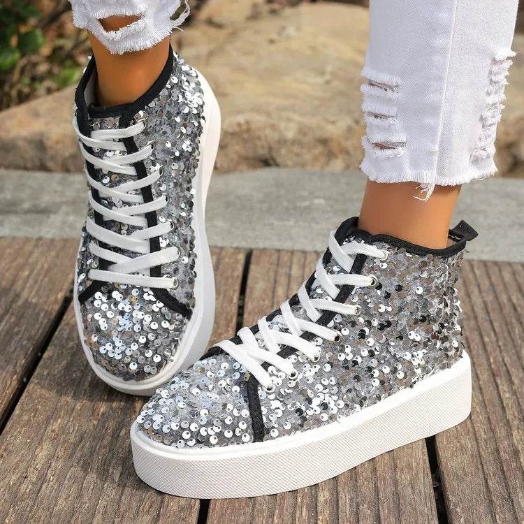 Sequin Round Toe Platform Sneakers - Tredona LLC