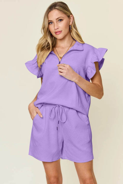Double Take Full Size Texture Flounce Sleeve Top and Drawstring Shorts Set - Tredona LLC