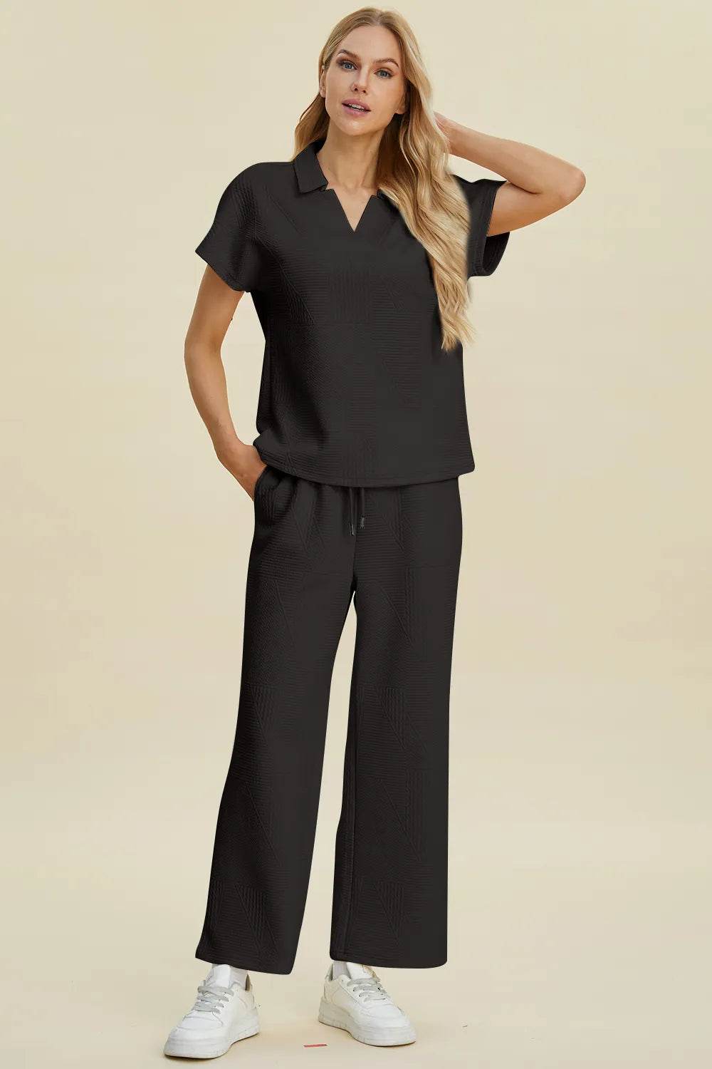 Double Take Full Size Collared Neck Short Sleeve Top and Pants Set - Tredona LLC