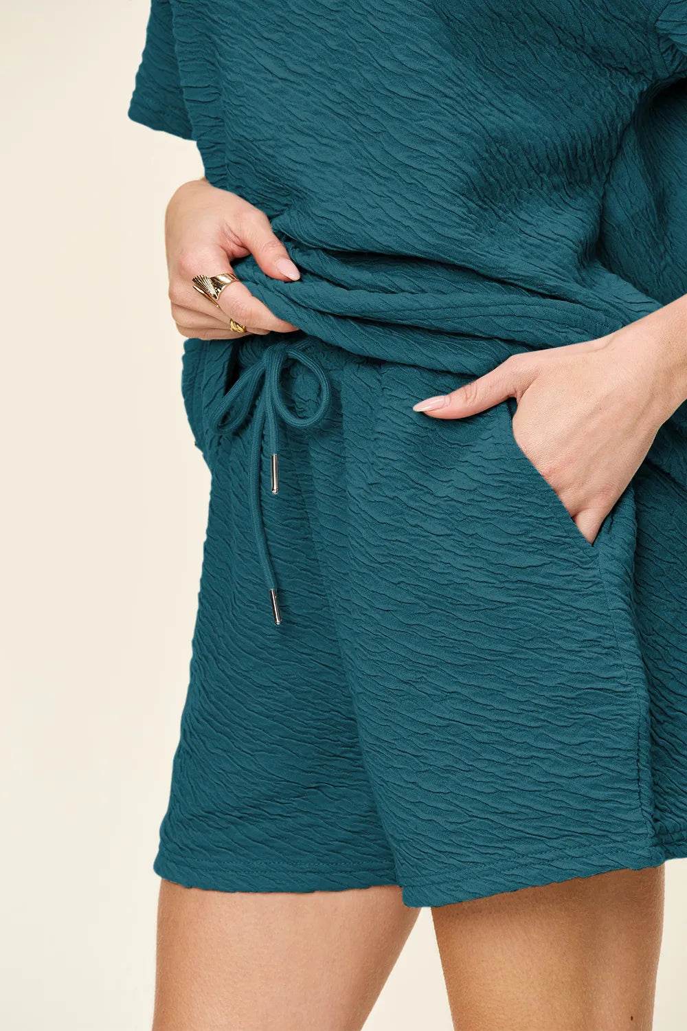 Double Take Full Size Texture Short Sleeve T-Shirt and Drawstring Shorts Set - Tredona LLC