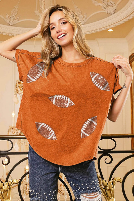 BiBi Football Sequin Embroidery Vintage Washed Top - Tredona LLC
