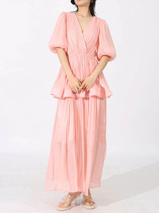 Layered Surplice Puff Sleeve Maxi Dress - Tredona LLC