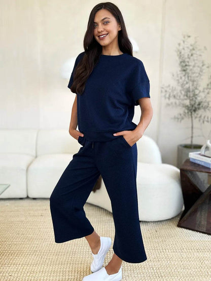 Double Take Full Size Texture Short Sleeve Top and Pants Set - Tredona LLC