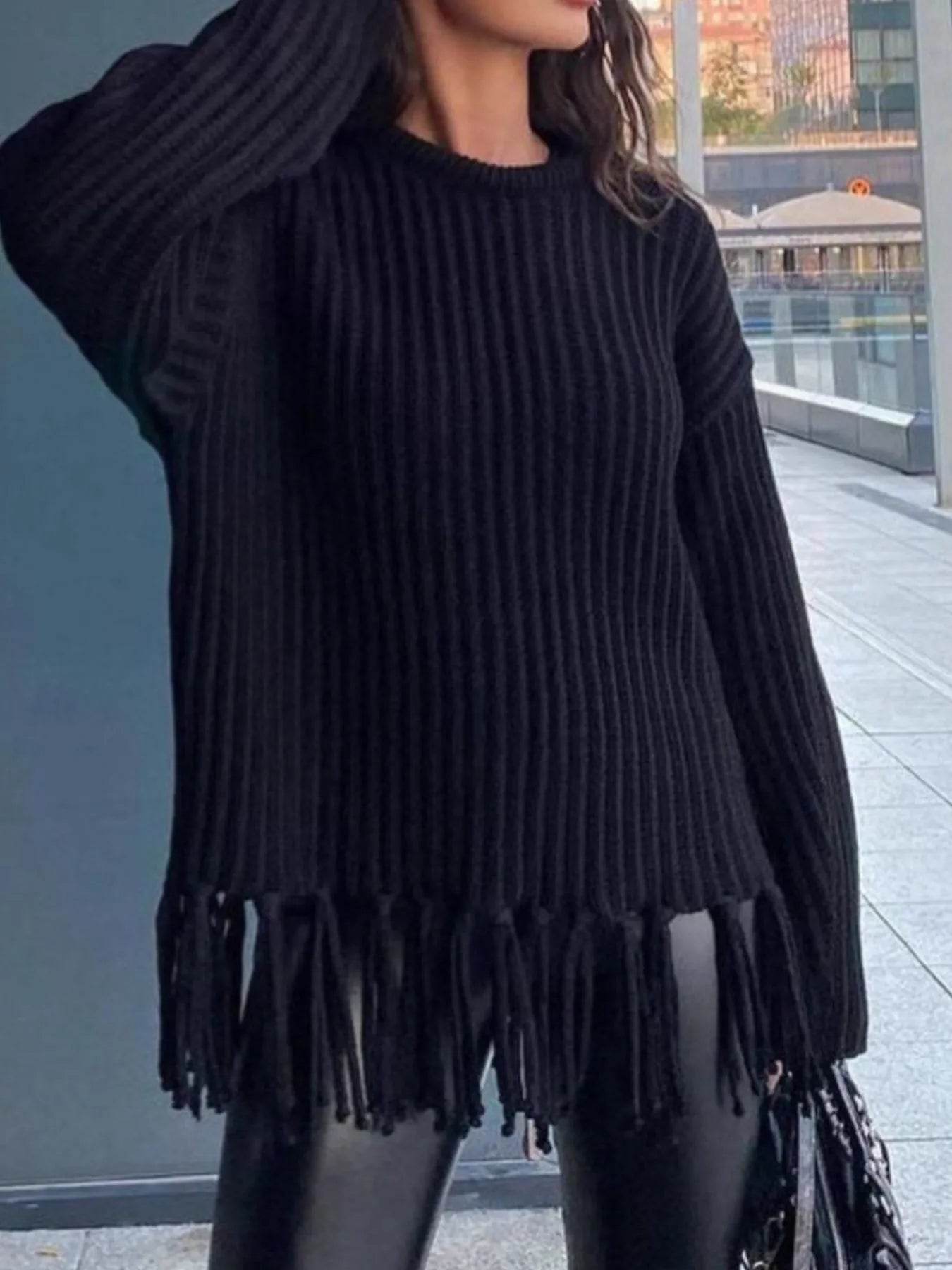 Fringe Round Neck Long Sleeve Sweater - Tredona LLC
