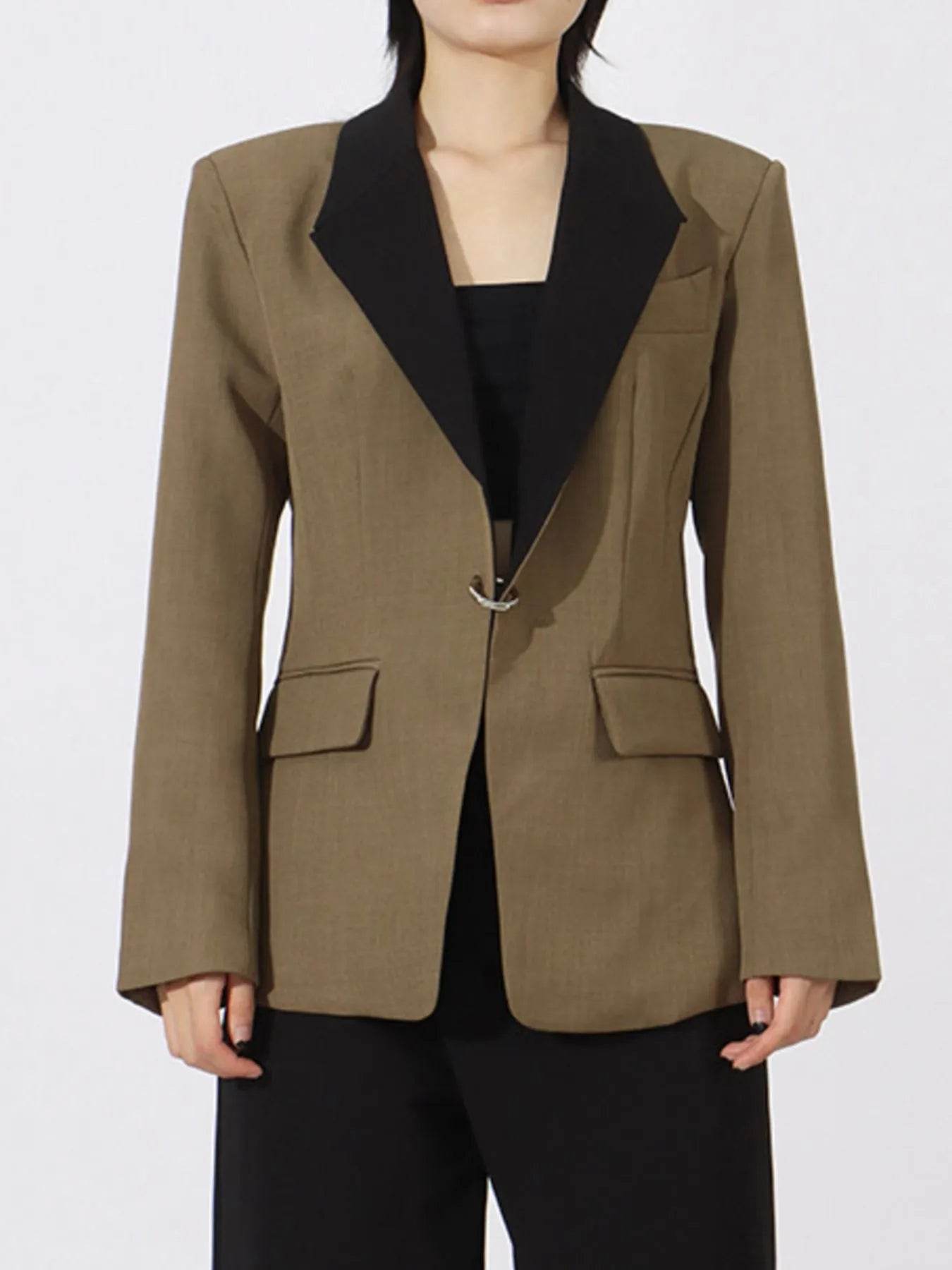 Contrast Lapel Collar Long Sleeve Blazer - Tredona LLC