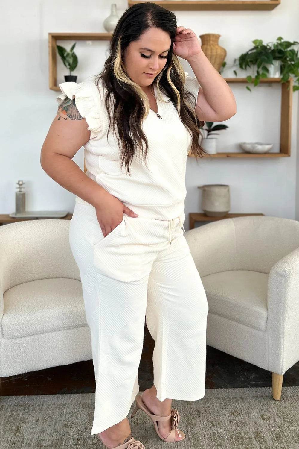 Double Take Texture Ruffle Short Sleeve Top and Drawstring Wide Leg Pants Set - Tredona LLC