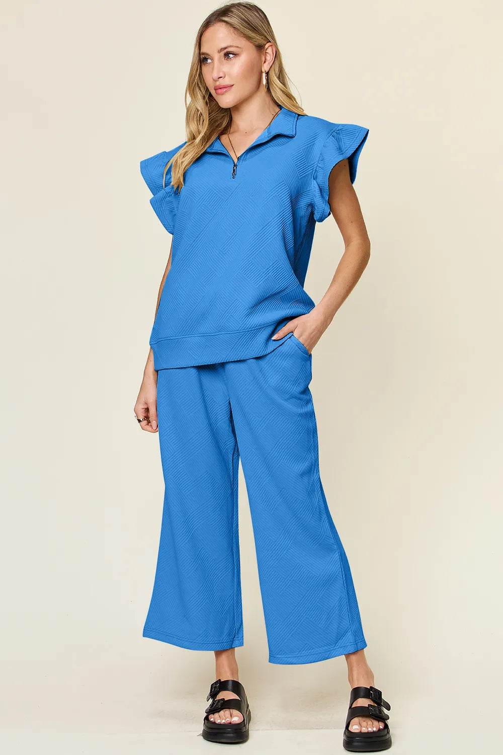 Double Take Texture Ruffle Short Sleeve Top and Drawstring Wide Leg Pants Set - Tredona LLC