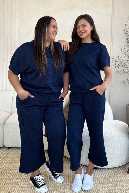 Double Take Full Size Texture Short Sleeve Top and Pants Set - Tredona LLC