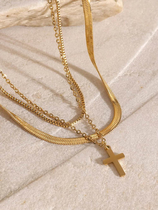 18K Gold-Plated Three-Layered Cross Necklace - Tredona LLC