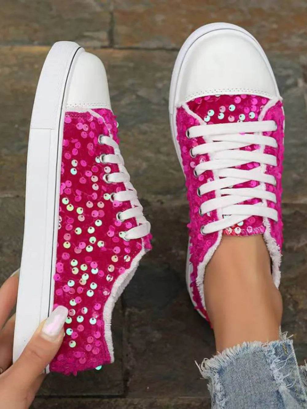 Sequin Round Toe Flat Sneakers - Tredona LLC
