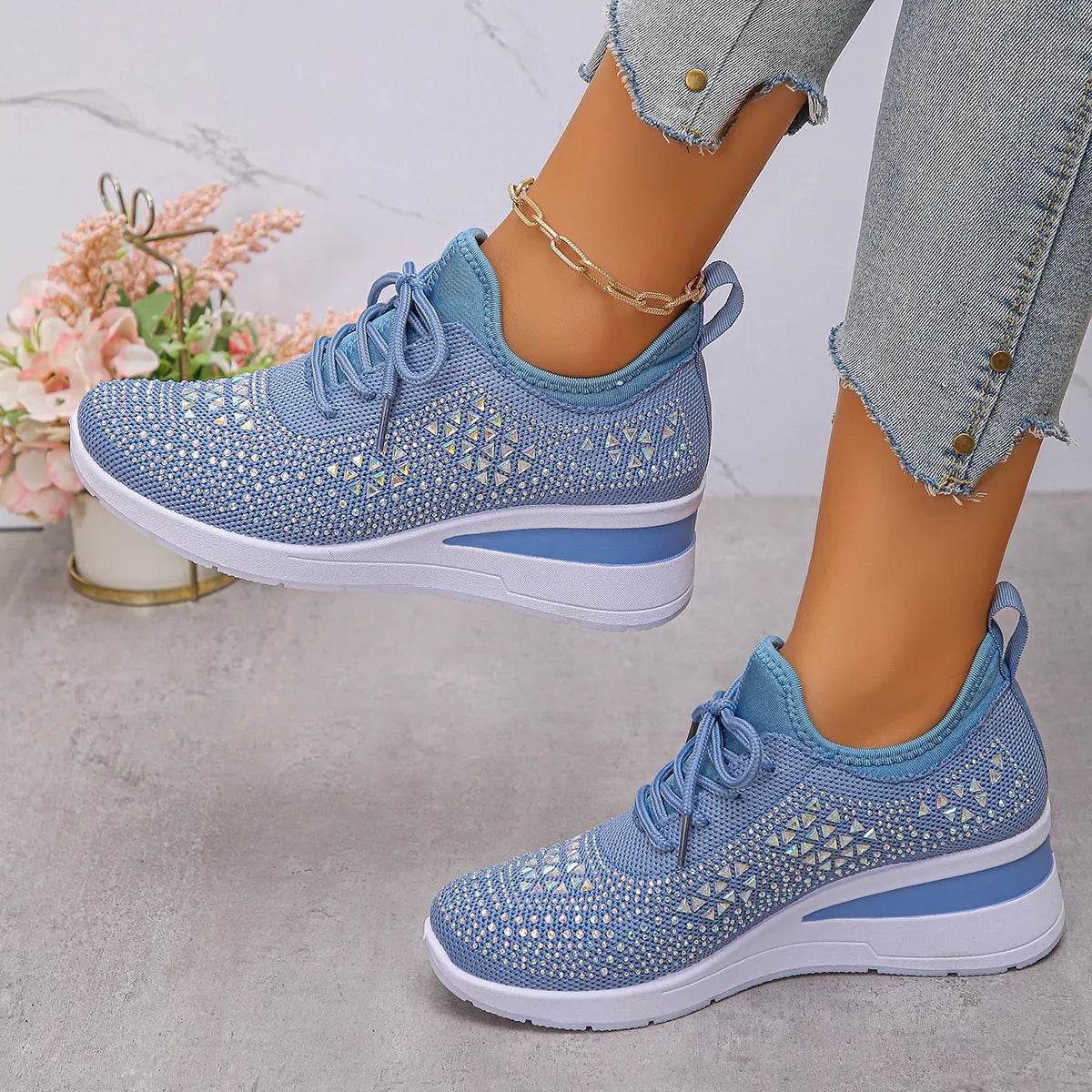 Breathable Mesh Rhinestone Wedge Athletic Sneakers - Tredona LLC