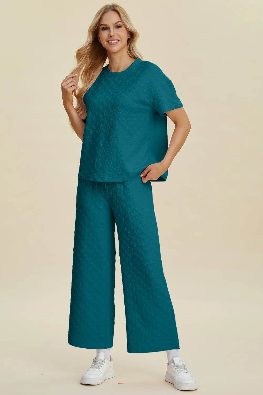 Double Take Full Size Texture Round Neck Short Sleeve Top and Pants Set - Tredona LLC