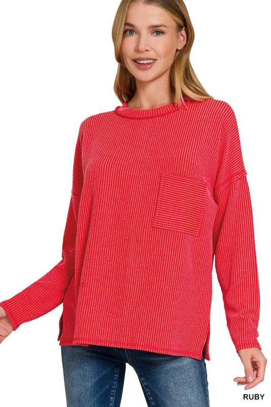 Zenana Long Sleeve Drop Shoulder Rib Top - Tredona LLC