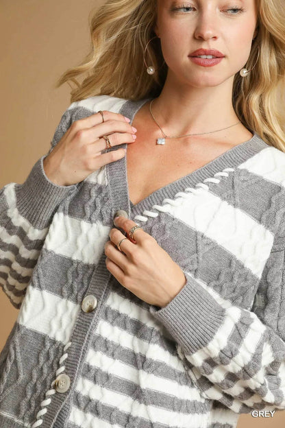 Umgee Cable-Knit Stripe Button-Up Cardigan - Tredona LLC