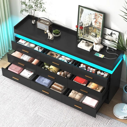 Modern LED-lit 9-Drawer Dresser with Built-in Charging Station and Power Outlet for Bedroom Organization