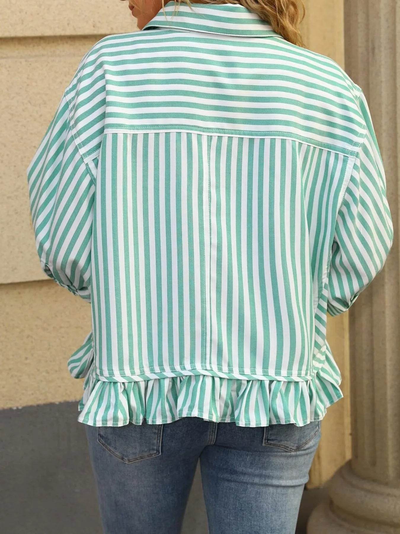 Striped Ruffle Hem Button-Up Shirt - Tredona LLC