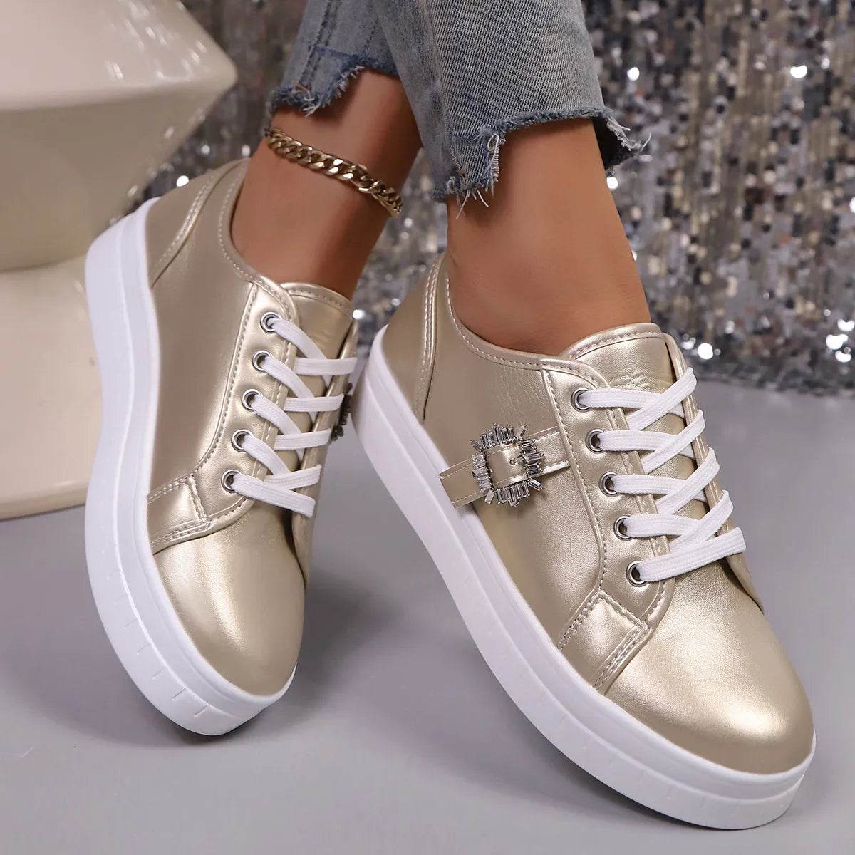 Rhinestone Embellishment Platform Sneakers - Tredona LLC