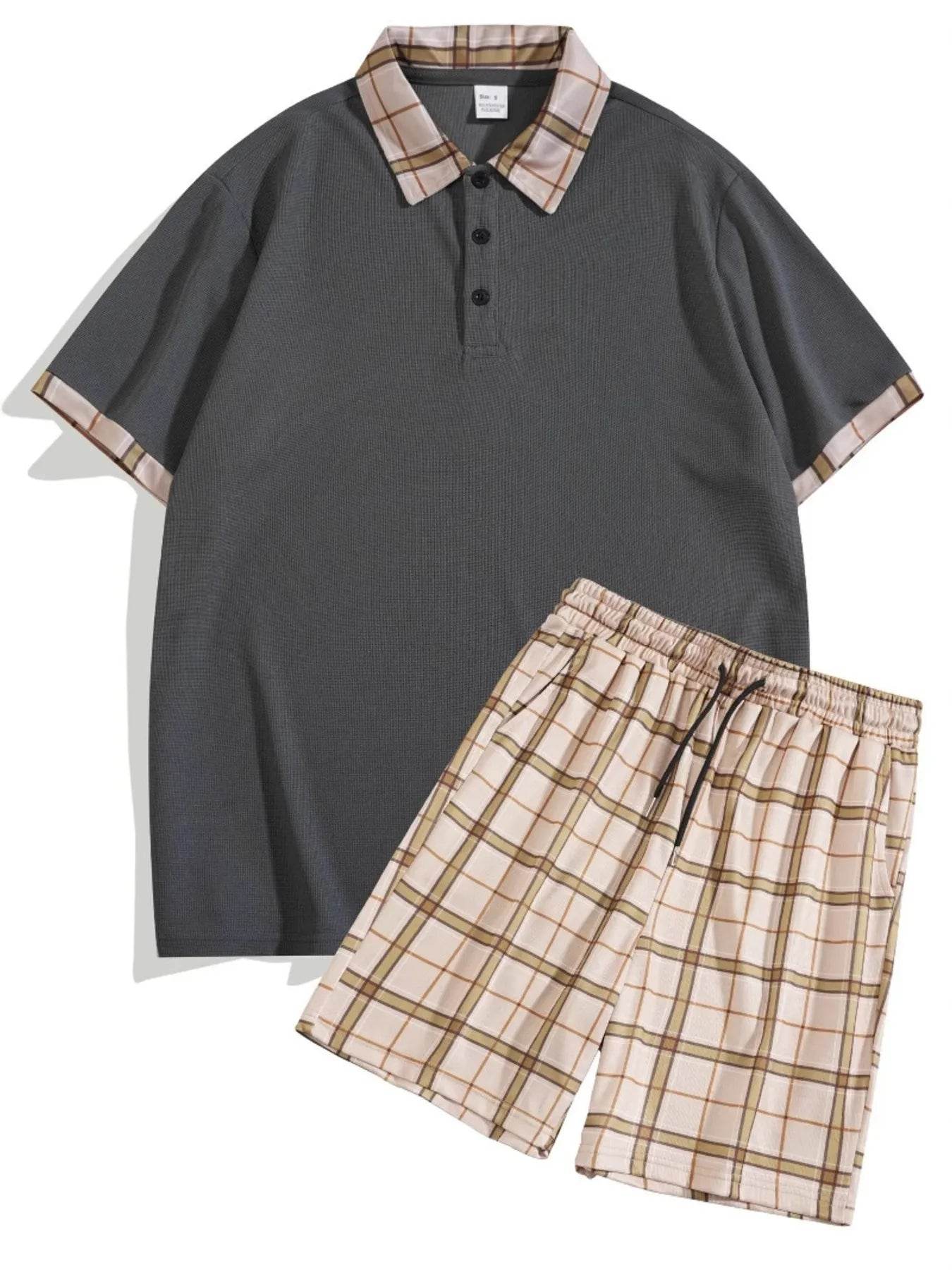 Men's Full Size Classic Plaid Collar Polo and Shorts Set Plus Size - Tredona LLC