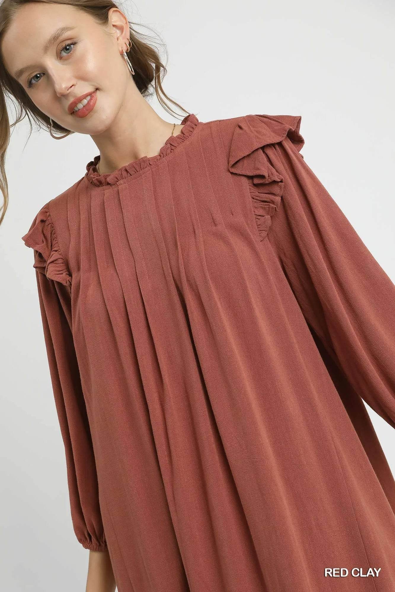 Umgee Linen Ruffle Shoulder Pleated Babydoll Dress - Tredona LLC