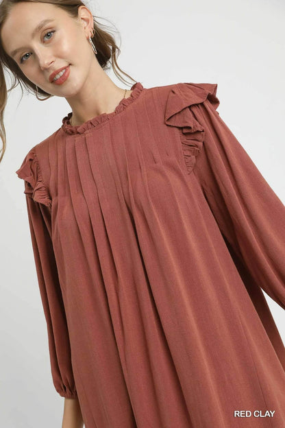 Umgee Linen Ruffle Shoulder Pleated Babydoll Dress - Tredona LLC
